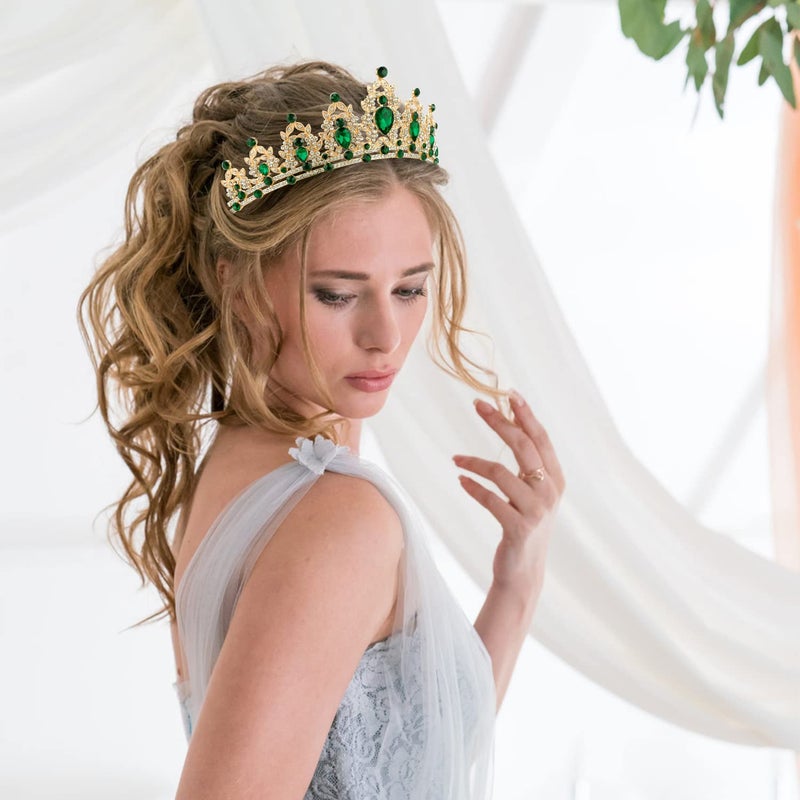SuPoo Green Tiara and Crown for Women Gold Birthday Queen Crowns Rhinestone Princess Tiaras for Bride Quinceanera Headpieces Wedding Tiara for Birthday Party Prom Halloween - Image 3